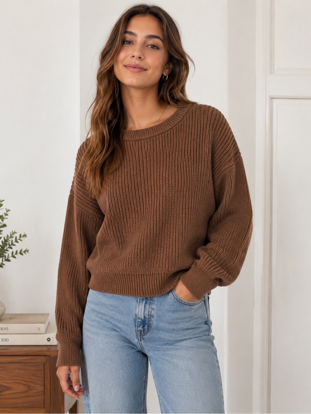 John Galt Brown Chunky Knit Crew Neck Sweater Size One Size